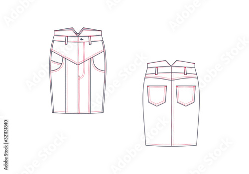 Technical drawing of midi jean skirt. Fashion template.