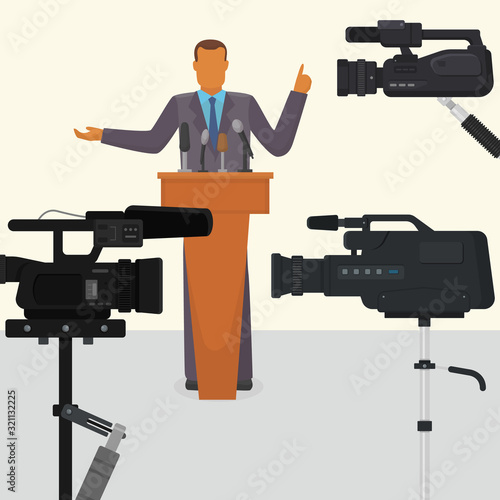 Politician, public figure or businessman makes speech on television broadcast vector illustration. Talking and gesturing man standing on podium with microphones in front of tv cameras.
