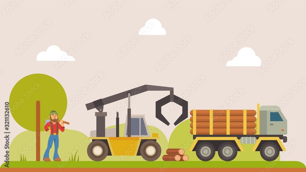 Timber truck, loader cars for forest logs transportation business and lumberjack vector illustration. Man worker with ax. Logging industry and lumber delivery machine vehicles. Timber truck, loader cars for forest logs transportation business and lumberjack vector illustration. Man worker with ax. Logging industry and lumber delivery machine vehicles.