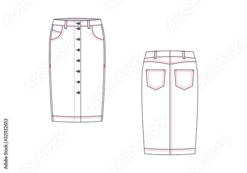 Technical drawing of midi jean skirt. Fashion template.