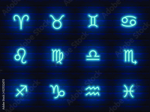 blue neon zodiac signs set
