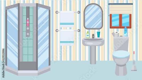 Bathroom toilet interior at home vector illustration. Plumbing shower, wc, sink. Accessories for body wash bathing, cleanliness and hygiene. Mirror, towels, soap, shampoo, gel, toilet paper