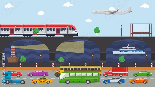 City transport concept vector illustration. Urban road embankment street transport vehicles autos cars, bus, truck, taxi traffic. Railway, train, aircraft, ship, lighthouse, navigation.