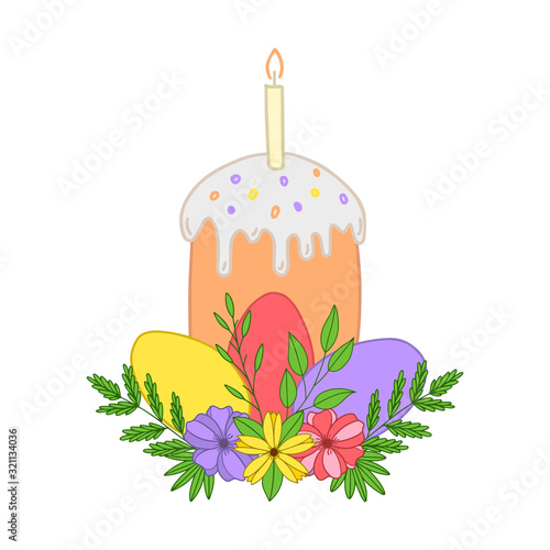 Color vector illustration. Easter cake with a candle and icing. Colored eggs with flowers and leaves. Elements for Easter decoration are hand-drawn and isolated on white. Floral design