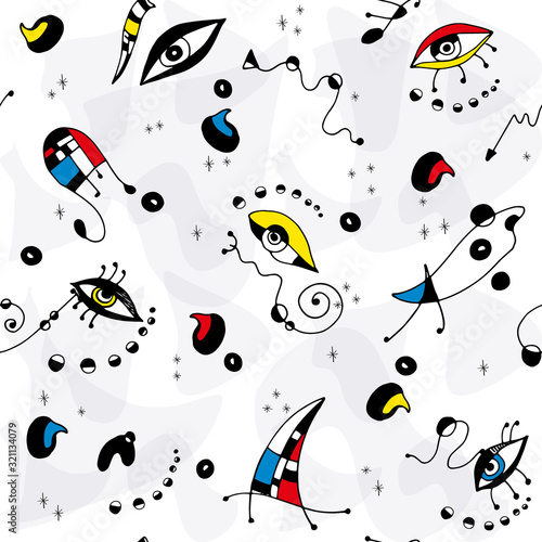 Obraz na płótnie Modern retro abstract art seamless pattern in Miro painting style, with eyes,lines, dots, arrows, spirals, shapes