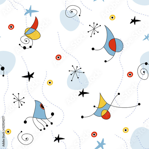 Obraz na płótnie Vector seamless abstract pattern in Miro art, with shapes lines ,dots,eyes,spirals