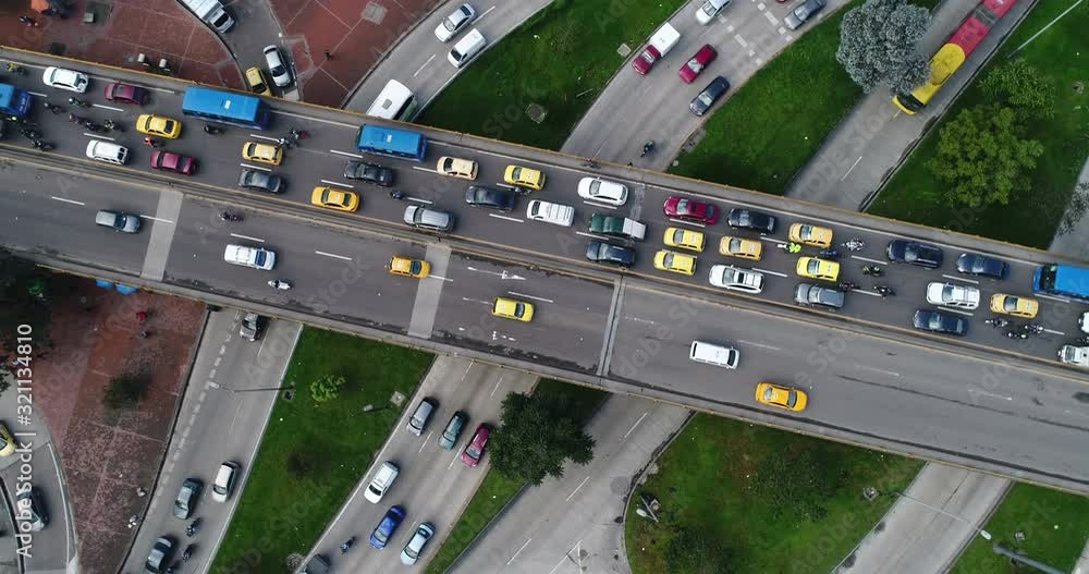 Aerial view of land vehicles moving on highways, Bogota, Colombia Aerial view of land vehicles moving on highways, Bogota, Colombia