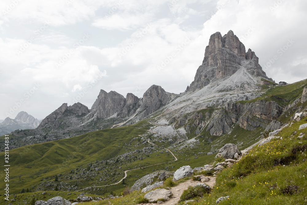 Hiking Dolomites mountains of Passo Giau. Peaks in South Tyrol in the Alps of Europe.