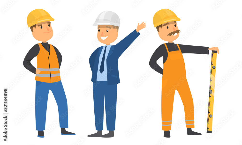 Set of builders in helmets during work vector illustration Set of builders in helmets during work vector illustration