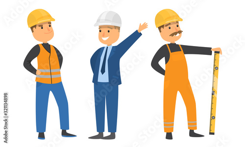 Set of builders in helmets during work vector illustration