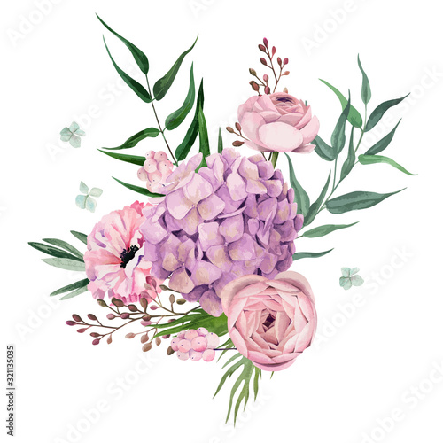 Watercolor floral arrangement, hand drawn vector image