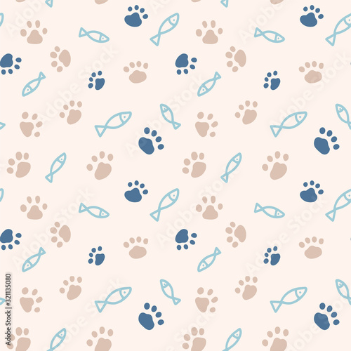 Seamless pattern with simple fish and paw print from cat steps. Color vector illustration. Design for packaging goods or textiles for animals.