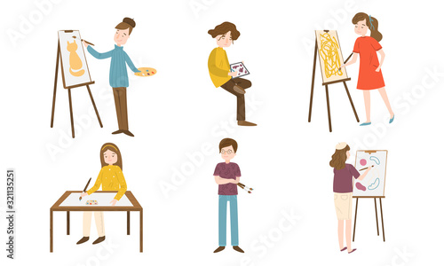 Girls and boys painters doing their hobby vector illustration