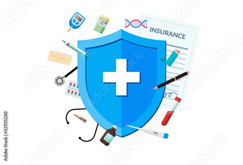 Medical insurance or immune system concept. Red shield on patient protection policy with medicine pharmacy drugs and preparations. Vector immunity symbol illustration