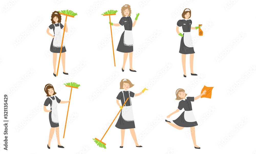 Fototapeta premium Set of young happy women maids making housekeeping vector illustration