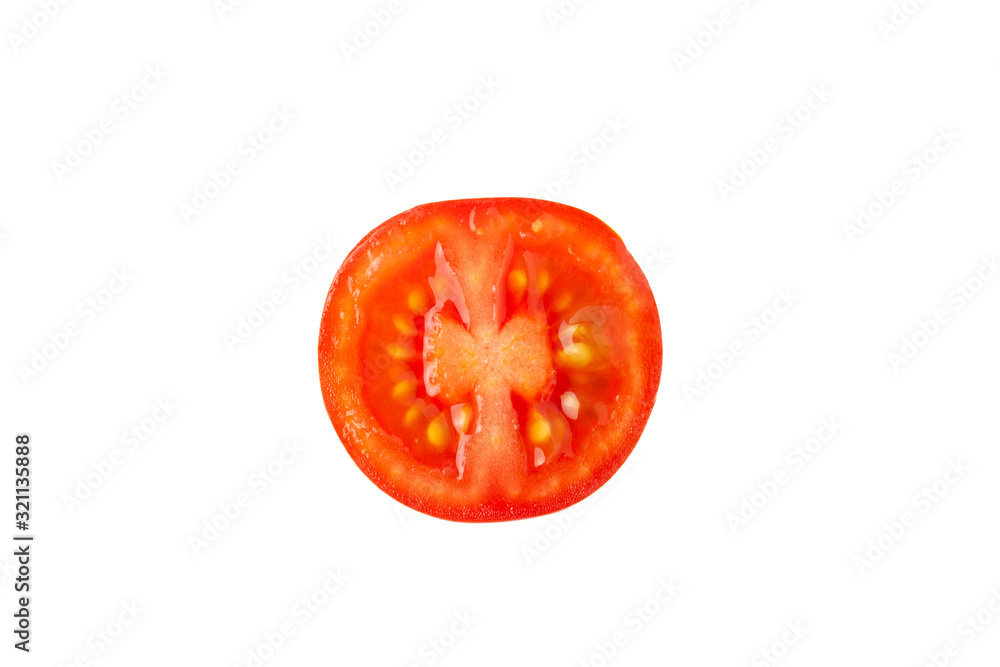 Fresh red cherry tomato without leaves in incision, half fetus isolated on white background. Macro, flat lay. Horizontal, close-up. Healthy eating, farmer's product, raw food, keto diet concept Fresh red cherry tomato without leaves in incision, half fetus isolated on white background. Macro, flat lay. Horizontal, close-up. Healthy eating, farmer's product, raw food, keto diet concept