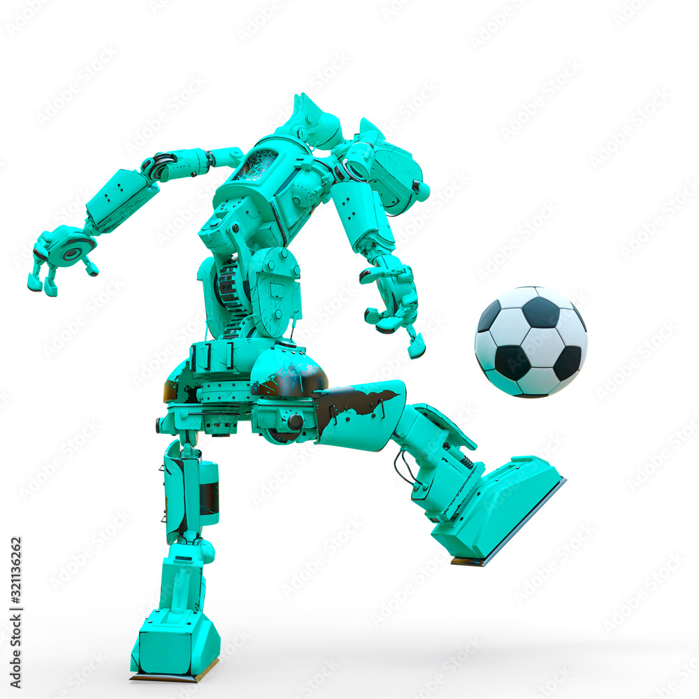 friendly robot is playing football in white background rear view friendly robot is playing football in white background rear view