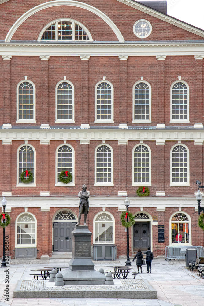 Historic Faneuil Hall and Statue in Boston, Massachusetts, USA