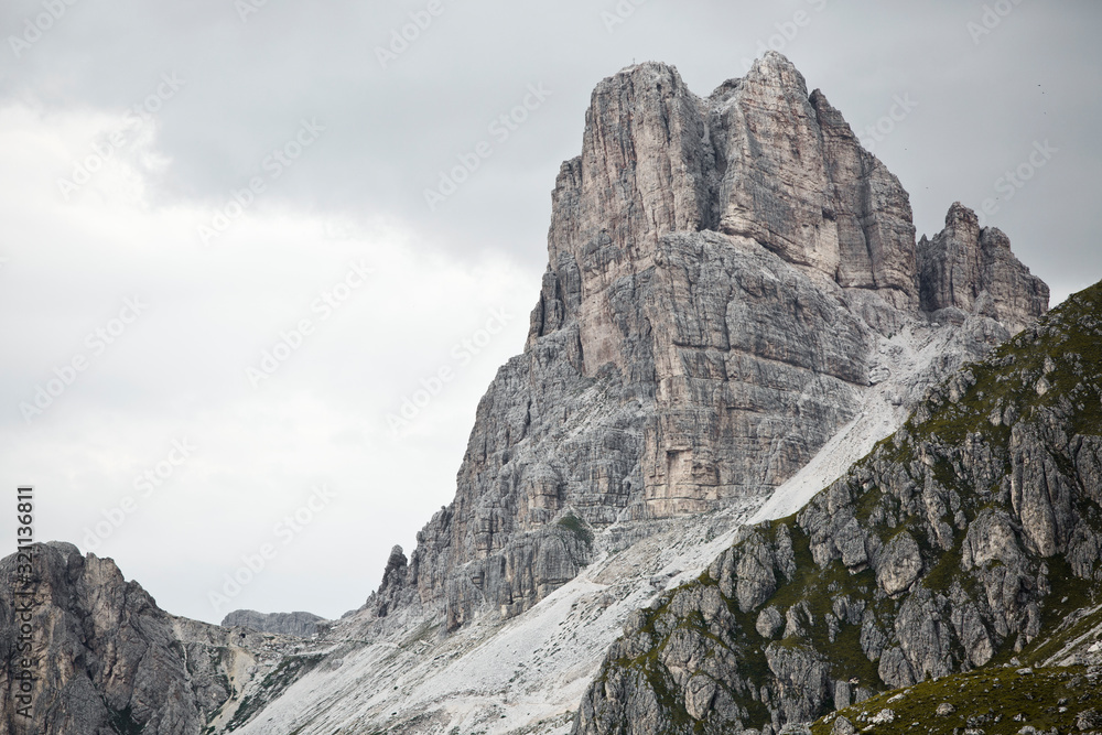 Hiking Dolomites mountains of Passo Giau. Peaks in South Tyrol in the Alps of Europe. Big walls
