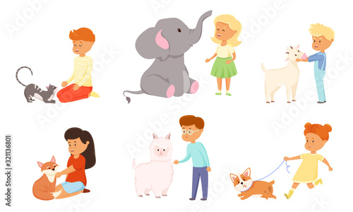 Happy children playing, feeding and petting different animals vector illustration