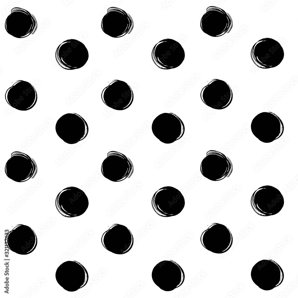 Seamless pattern from black circle abstract textured brush strokes on a white background