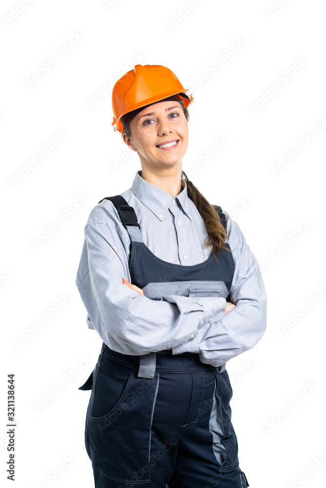 girl civil engineer smiling at the camera and ready to start work. Isolated girl civil engineer smiling at the camera and ready to start work. Isolated