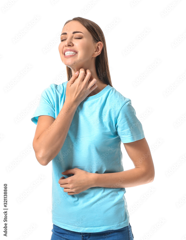 Scratching allergic woman on white background Scratching allergic woman on white background