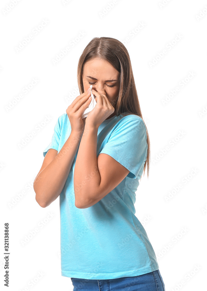 Young woman suffering from allergy on white background Young woman suffering from allergy on white background