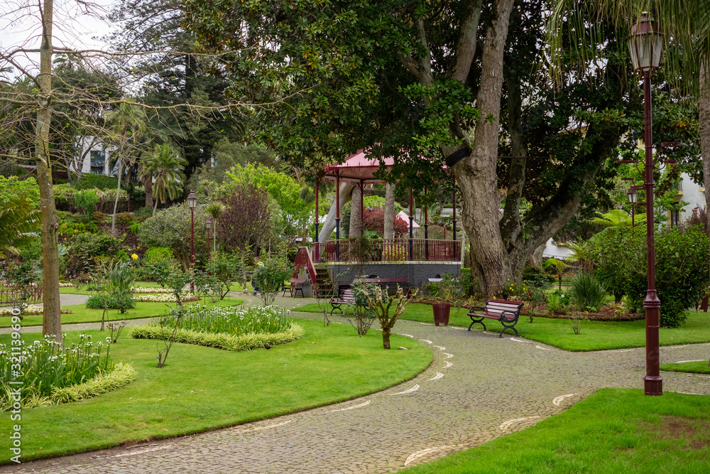 Park with flowers,trees and a kiosk in Angra do Heroismo, Terceira island, Azores