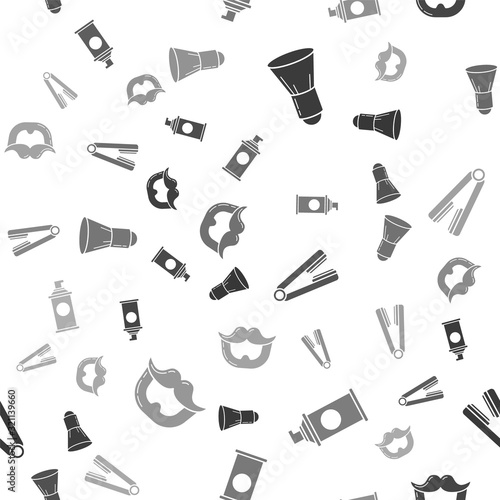 Set Shaving brush, Shaving gel foam, Curling iron for hair and Mustache and beard on seamless pattern. Vector