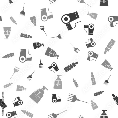 Set Hair dryer, Hairbrush, Glass bottle with a pipette and Aftershave on seamless pattern. Vector