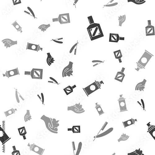 Set Aftershave, Straight razor, Shaving gel foam and Shaving gel foam on hand on seamless pattern. Vector