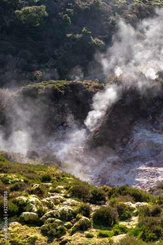 Landscape view of volcanic sulfur fumes in Furnas do Enxofre on Terceira island, Azores, Portugal