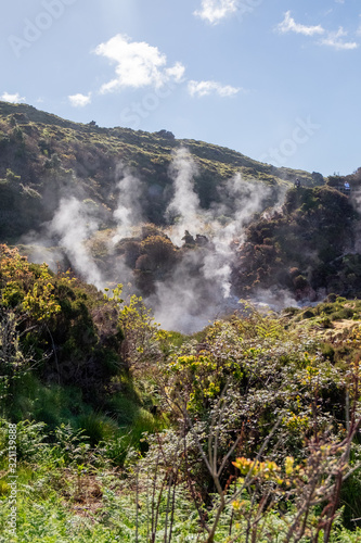 Landscape view of volcanic sulfur fumes in Furnas do Enxofre on Terceira island, Azores, Portugal © LourdesConvertida