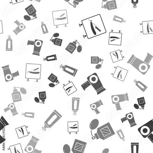 Set Barbershop with razor, Aftershave, Hair dryer and Cream or lotion cosmetic tube on seamless pattern. Vector