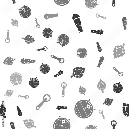 Set Glass of beer, Wooden barrel on rack with stopcock, Hop and Bottle opener on seamless pattern. Vector