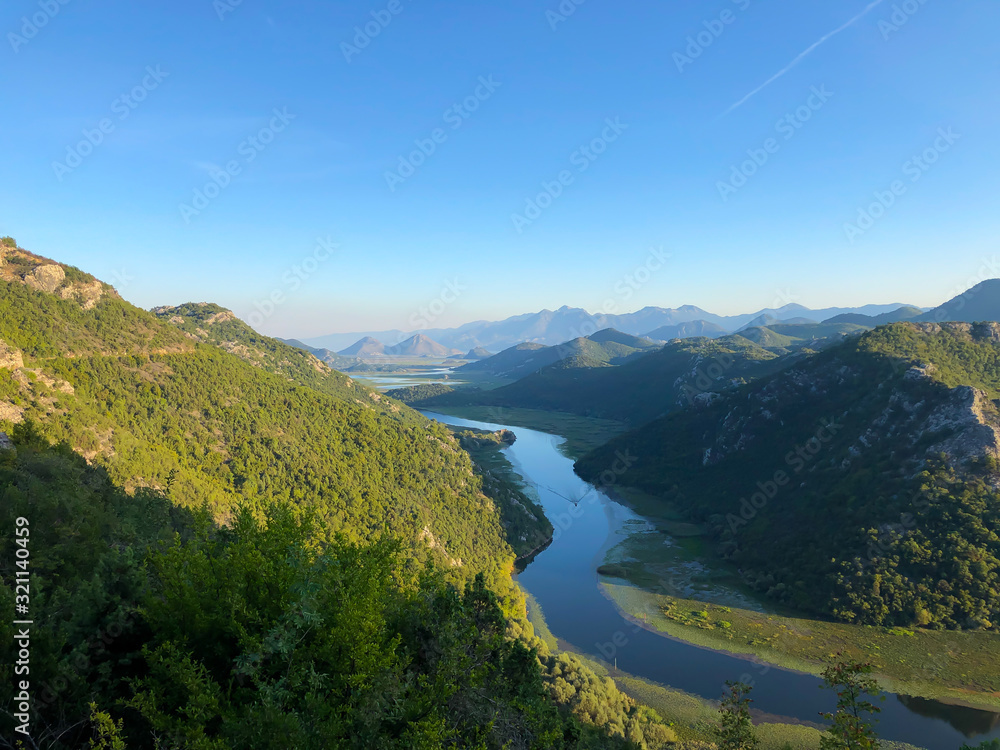 Scenic panorama of the Crnoevich River in Montenegro. Tourism concept.