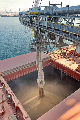 Cargo terminal for loading grain cargo by shore cranes. Port Tacoma,WA, USA. October, 2019.