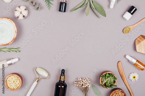 Cosmetics and natural ingredients for healthy skin and face. Flat lay style.