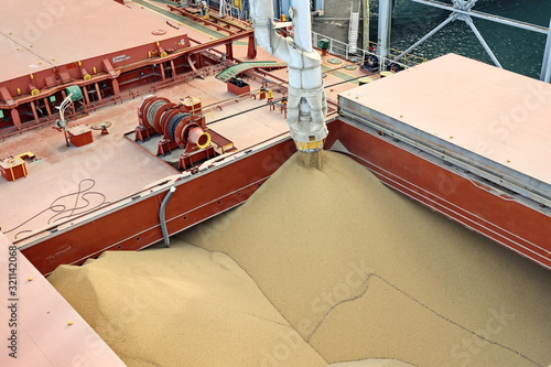 Cargo terminal for loading grain cargo by shore cranes. Port Tacoma,WA, USA. October, 2019.