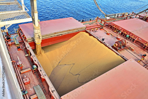 Cargo terminal for loading grain cargo by shore cranes. Port Tacoma,WA, USA. October, 2019. photo