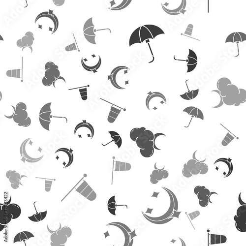Set Classic elegant opened umbrella, Moon and stars, Cloud with moon and stars and Cone meteorology windsock wind vane on seamless pattern. Vector