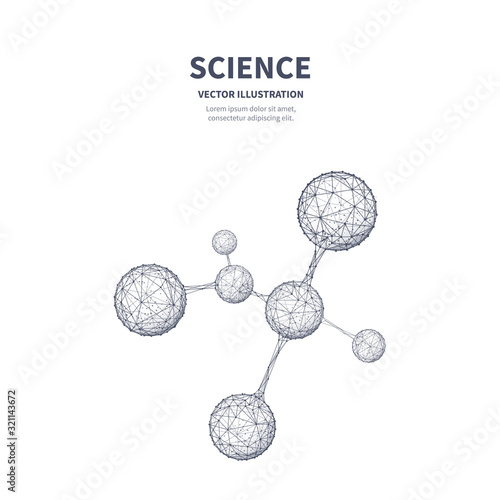 Science lab low poly wireframe banner vector template. Scientific research laboratory, microbiology poster polygonal design. Molecule structure black and white 3d mesh art with connected dots