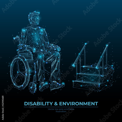 Disability and environment low poly wireframe banner vector template. Accessibility social media post polygonal design. Handicapped person in wheelchair 3d mesh art with connected dots