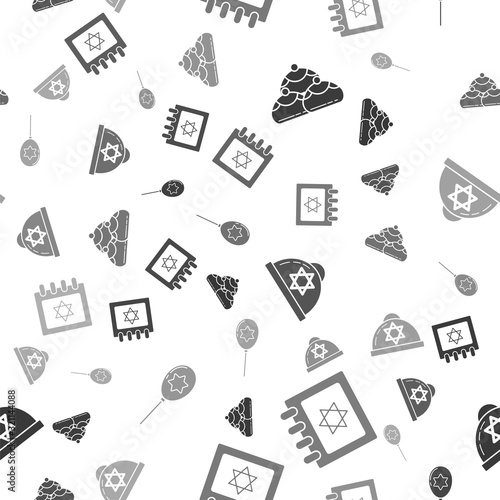Set Jewish sweet bakery, Jewish calendar with star of david, Jewish kippah with star of david and Balloons with ribbon with star of david on seamless pattern. Vector