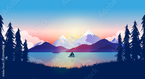 Calm lake in beautiful nature landscape. Boat on water in sunset, mountains reflecting in the ocean a late evening, peace and quiet background. Adventure, traveling concept in vector illustration.