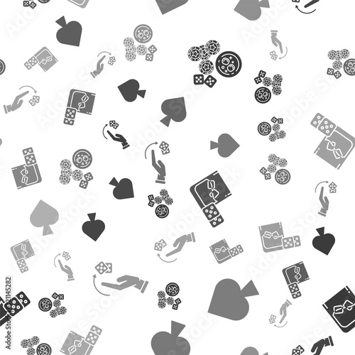 Set Casino chips, game dice and glass of whiskey with ice cubes, Playing card with spades symbol, Human hand throwing game dice on seamless pattern. Vector