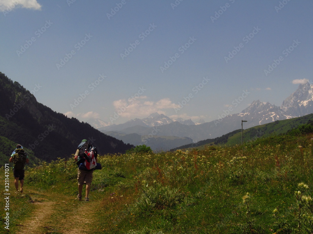 Mountain landscape of Svaneti on bright summer sunny day. Mountain lake, hills covered green grass on snowy rocky mountains background. Caucasus peaks in Georgia. Amazing view on wild georgian nature