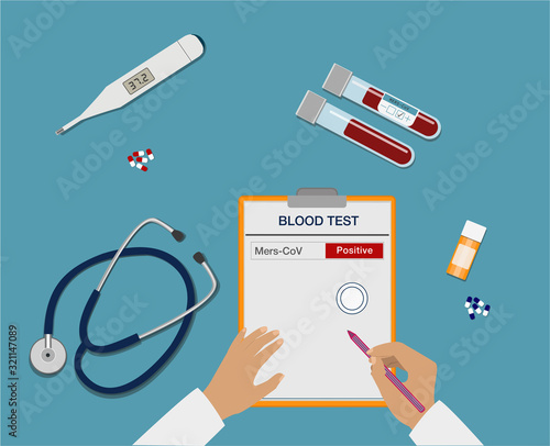 Top view of a doctor's desk. Blood tubes, coronavirus test, stethoscope, pills and thermometer.