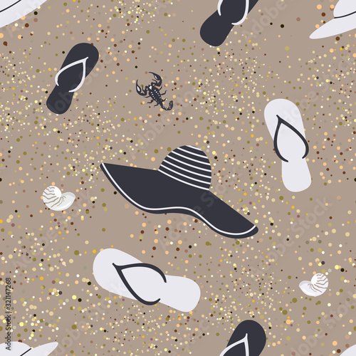 Cute summer beach seamless pattern with flip-flops, beautiful women's hat in navy, seashells and Scorpion on a sandy background. Backdrop for website, beach bags, fabric.Vector flat illustration
